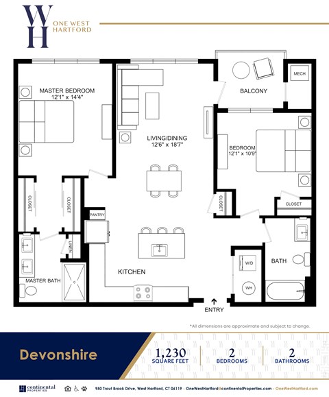 Floor plan for 2 beds, 2 baths, 1230 sqft